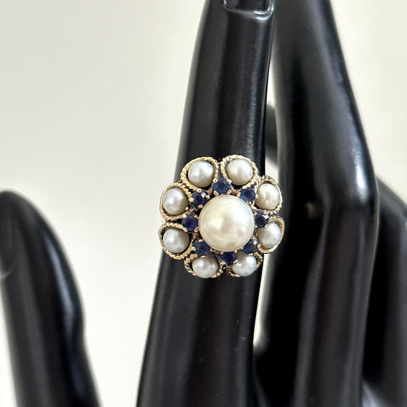 Vintage 14K Yellow Gold Pearl & Sapphire Ladies Statement Band Ring Size 5.75 - Picture 10 of 16